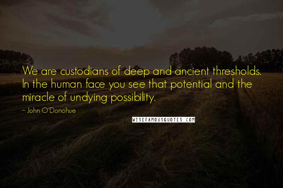 John O'Donohue Quotes: We are custodians of deep and ancient thresholds. In the human face you see that potential and the miracle of undying possibility.