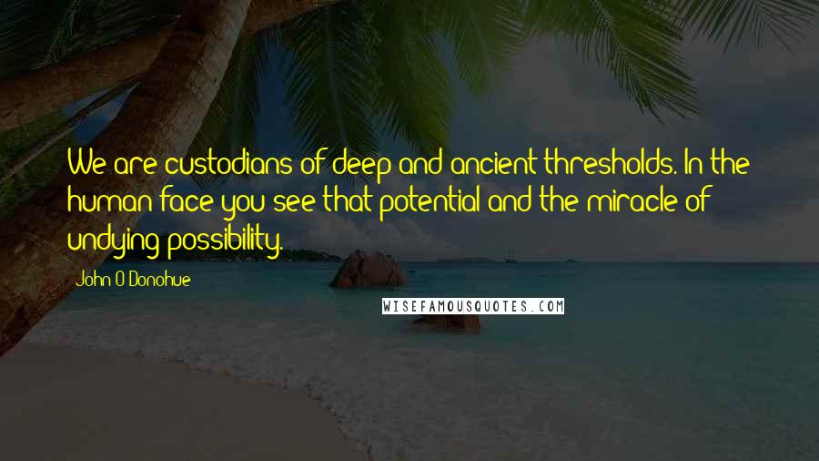 John O'Donohue Quotes: We are custodians of deep and ancient thresholds. In the human face you see that potential and the miracle of undying possibility.