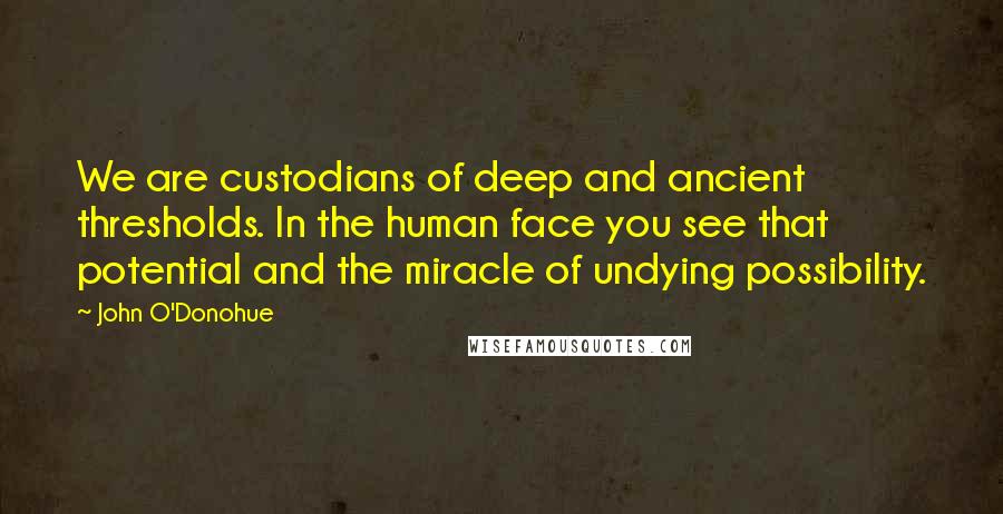 John O'Donohue Quotes: We are custodians of deep and ancient thresholds. In the human face you see that potential and the miracle of undying possibility.