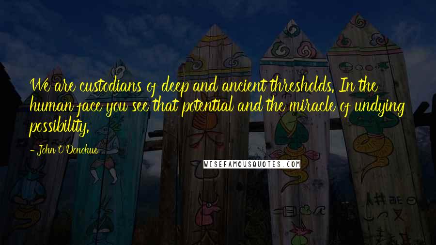 John O'Donohue Quotes: We are custodians of deep and ancient thresholds. In the human face you see that potential and the miracle of undying possibility.