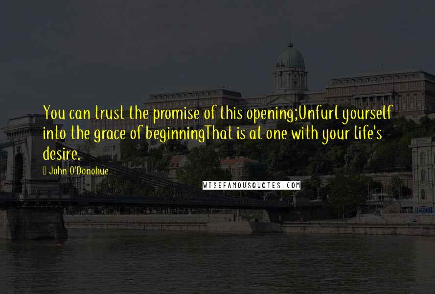 John O'Donohue Quotes: You can trust the promise of this opening;Unfurl yourself into the grace of beginningThat is at one with your life's desire.