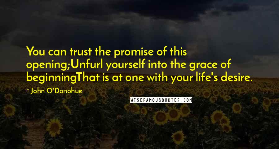 John O'Donohue Quotes: You can trust the promise of this opening;Unfurl yourself into the grace of beginningThat is at one with your life's desire.