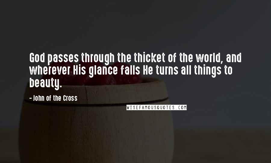 John Of The Cross Quotes: God passes through the thicket of the world, and wherever His glance falls He turns all things to beauty.