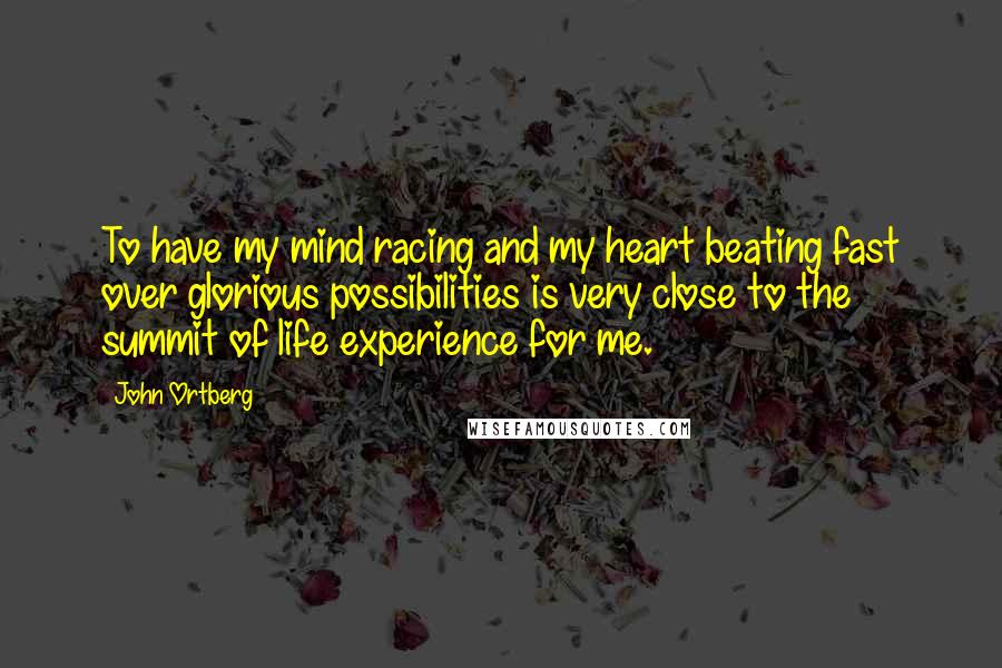 John Ortberg Quotes: To have my mind racing and my heart beating fast over glorious possibilities is very close to the summit of life experience for me.