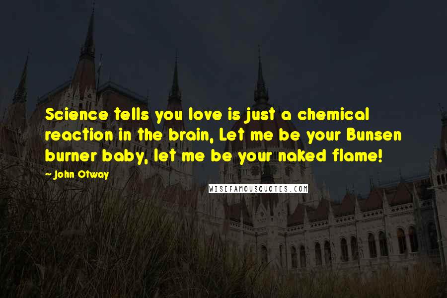 John Otway Quotes: Science tells you love is just a chemical reaction in the brain, Let me be your Bunsen burner baby, let me be your naked flame!