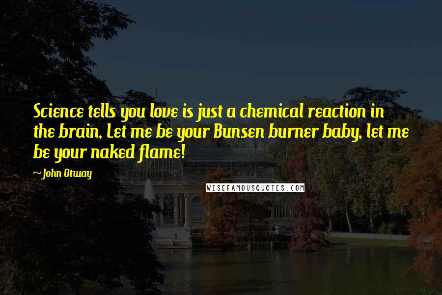 John Otway Quotes: Science tells you love is just a chemical reaction in the brain, Let me be your Bunsen burner baby, let me be your naked flame!
