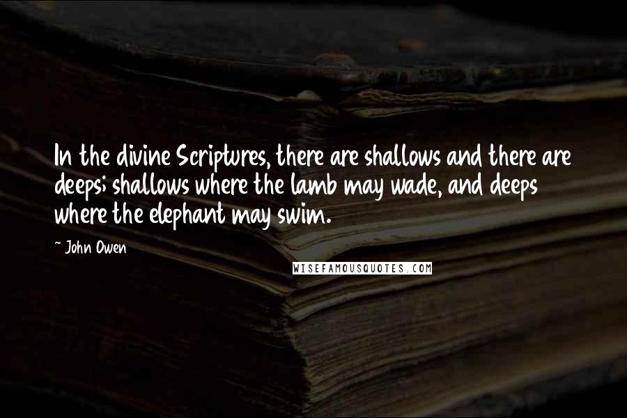 John Owen Quotes: In the divine Scriptures, there are shallows and there are deeps; shallows where the lamb may wade, and deeps where the elephant may swim.