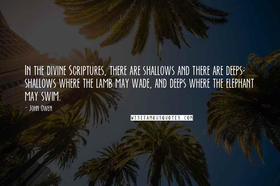 John Owen Quotes: In the divine Scriptures, there are shallows and there are deeps; shallows where the lamb may wade, and deeps where the elephant may swim.