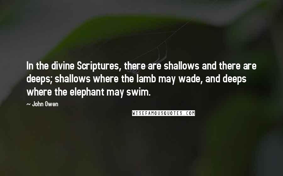 John Owen Quotes: In the divine Scriptures, there are shallows and there are deeps; shallows where the lamb may wade, and deeps where the elephant may swim.