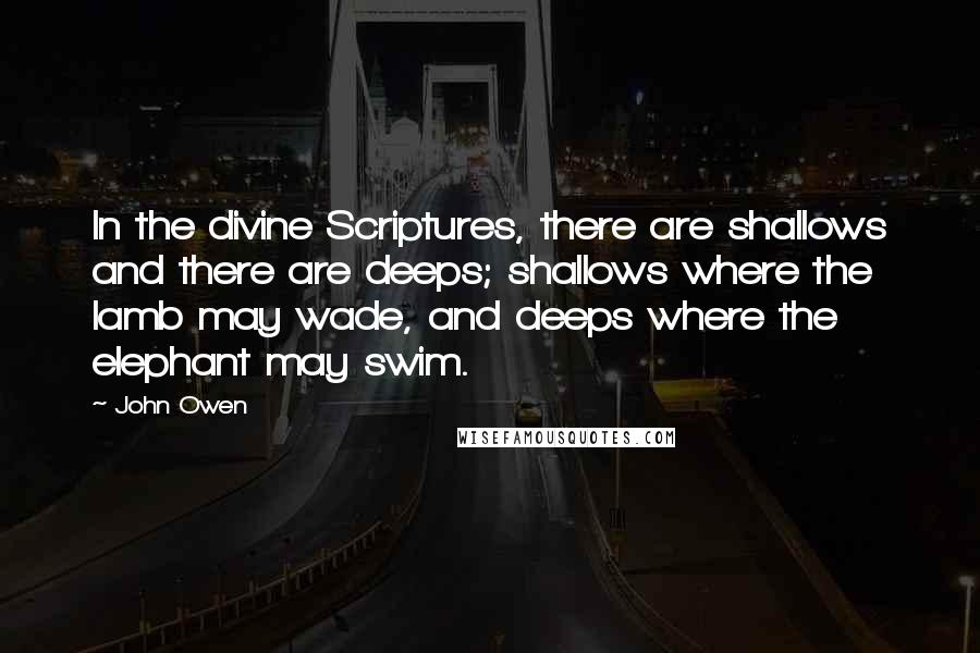 John Owen Quotes: In the divine Scriptures, there are shallows and there are deeps; shallows where the lamb may wade, and deeps where the elephant may swim.