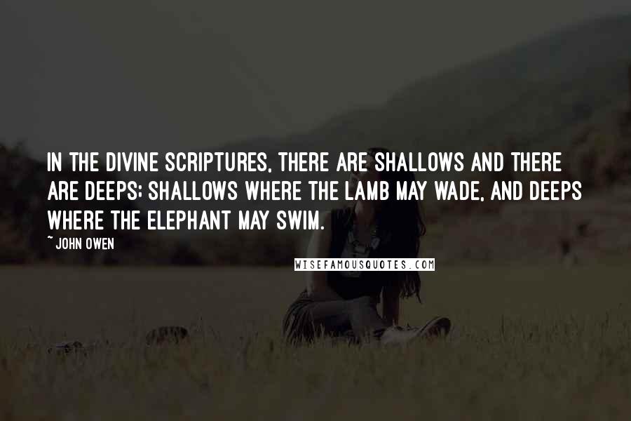 John Owen Quotes: In the divine Scriptures, there are shallows and there are deeps; shallows where the lamb may wade, and deeps where the elephant may swim.