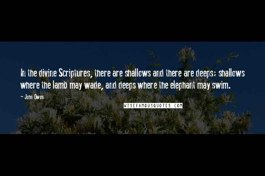 John Owen Quotes: In the divine Scriptures, there are shallows and there are deeps; shallows where the lamb may wade, and deeps where the elephant may swim.