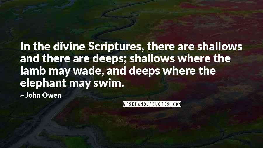 John Owen Quotes: In the divine Scriptures, there are shallows and there are deeps; shallows where the lamb may wade, and deeps where the elephant may swim.