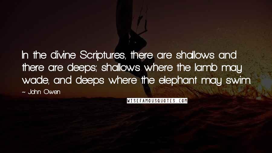 John Owen Quotes: In the divine Scriptures, there are shallows and there are deeps; shallows where the lamb may wade, and deeps where the elephant may swim.