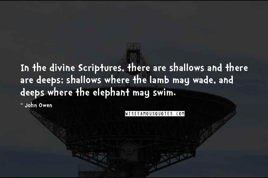 John Owen Quotes: In the divine Scriptures, there are shallows and there are deeps; shallows where the lamb may wade, and deeps where the elephant may swim.