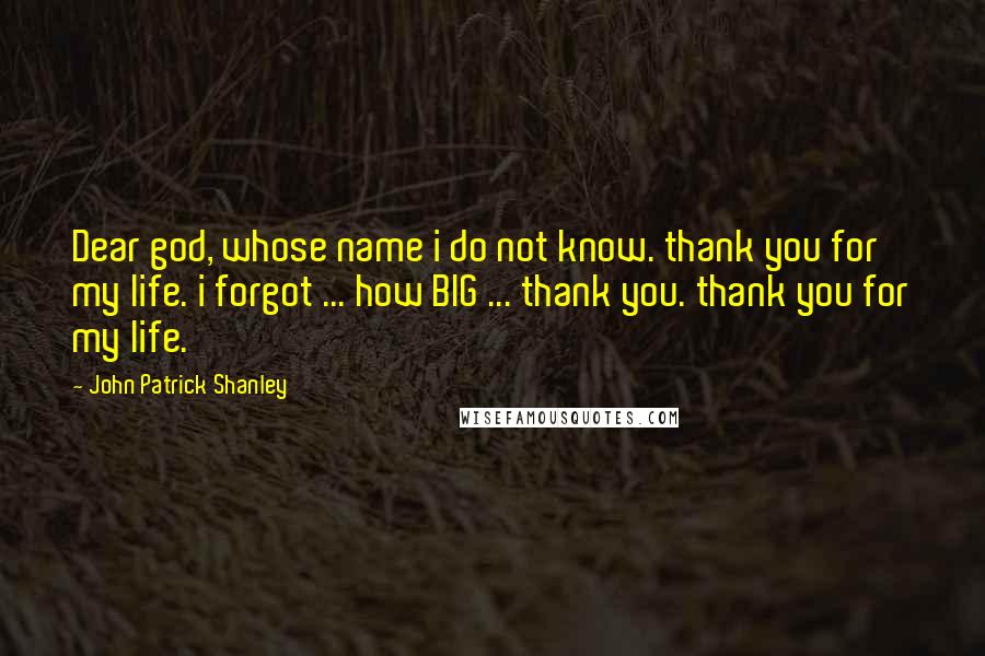 John Patrick Shanley Quotes: Dear god, whose name i do not know. thank you for my life. i forgot ... how BIG ... thank you. thank you for my life.