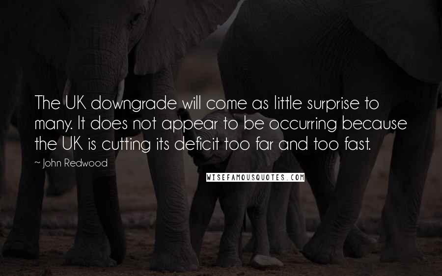 John Redwood Quotes: The UK downgrade will come as little surprise to many. It does not appear to be occurring because the UK is cutting its deficit too far and too fast.