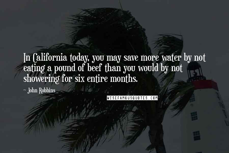 John Robbins Quotes: In California today, you may save more water by not eating a pound of beef than you would by not showering for six entire months.