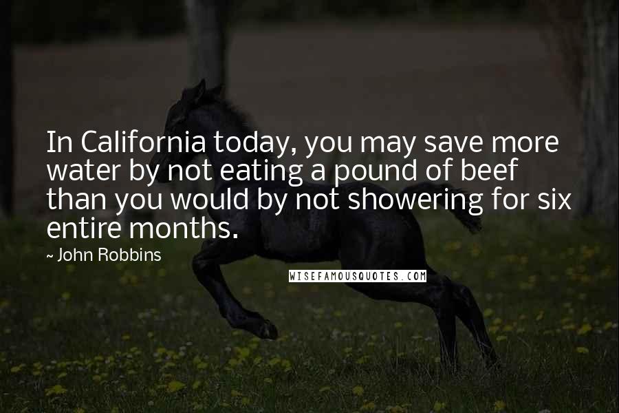 John Robbins Quotes: In California today, you may save more water by not eating a pound of beef than you would by not showering for six entire months.