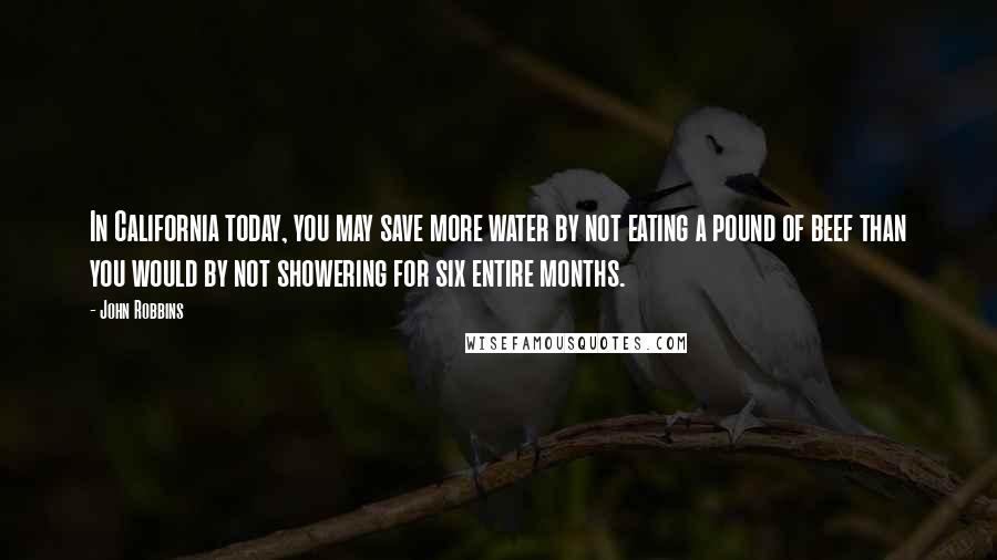 John Robbins Quotes: In California today, you may save more water by not eating a pound of beef than you would by not showering for six entire months.