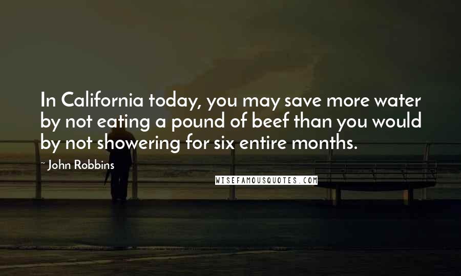 John Robbins Quotes: In California today, you may save more water by not eating a pound of beef than you would by not showering for six entire months.