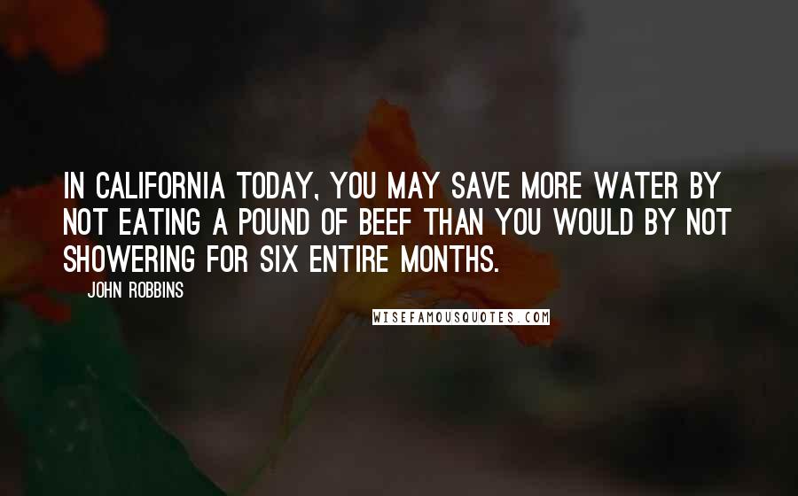 John Robbins Quotes: In California today, you may save more water by not eating a pound of beef than you would by not showering for six entire months.