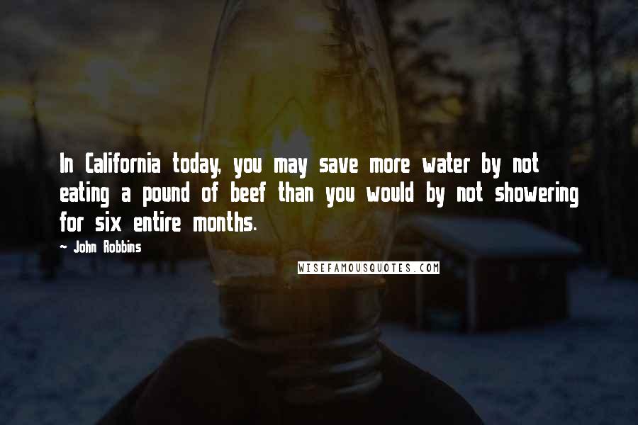 John Robbins Quotes: In California today, you may save more water by not eating a pound of beef than you would by not showering for six entire months.