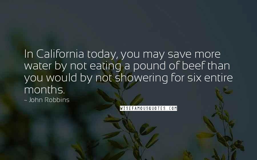 John Robbins Quotes: In California today, you may save more water by not eating a pound of beef than you would by not showering for six entire months.