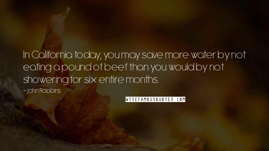 John Robbins Quotes: In California today, you may save more water by not eating a pound of beef than you would by not showering for six entire months.