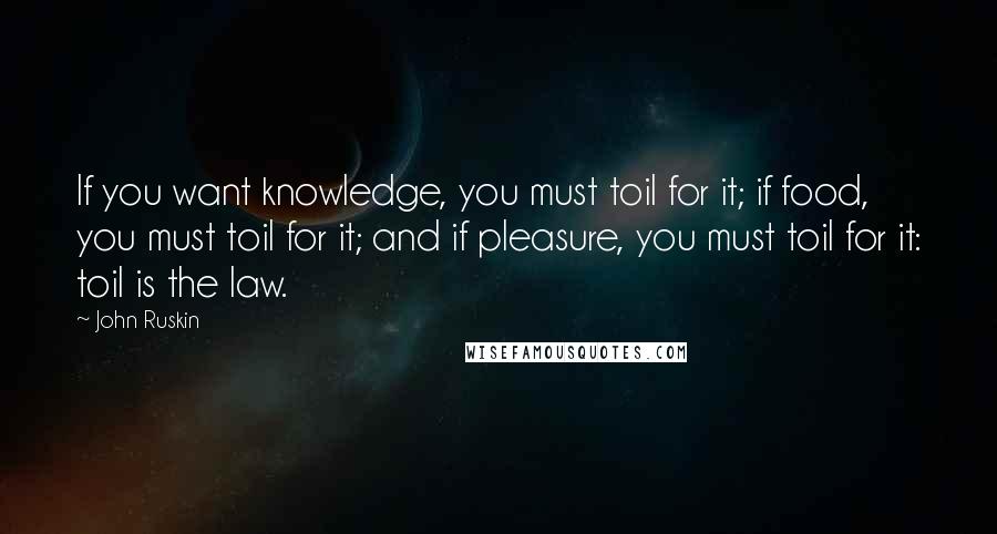 John Ruskin Quotes: If you want knowledge, you must toil for it; if food, you must toil for it; and if pleasure, you must toil for it: toil is the law.