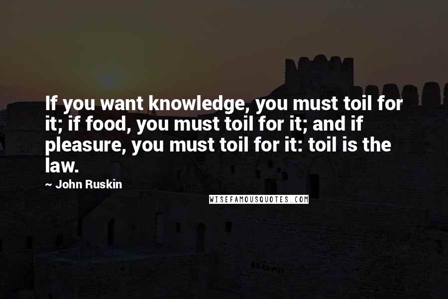 John Ruskin Quotes: If you want knowledge, you must toil for it; if food, you must toil for it; and if pleasure, you must toil for it: toil is the law.