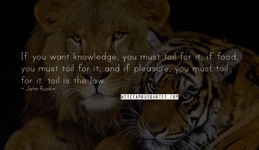 John Ruskin Quotes: If you want knowledge, you must toil for it; if food, you must toil for it; and if pleasure, you must toil for it: toil is the law.