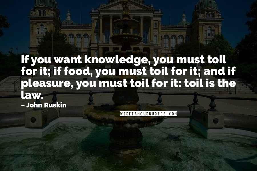 John Ruskin Quotes: If you want knowledge, you must toil for it; if food, you must toil for it; and if pleasure, you must toil for it: toil is the law.
