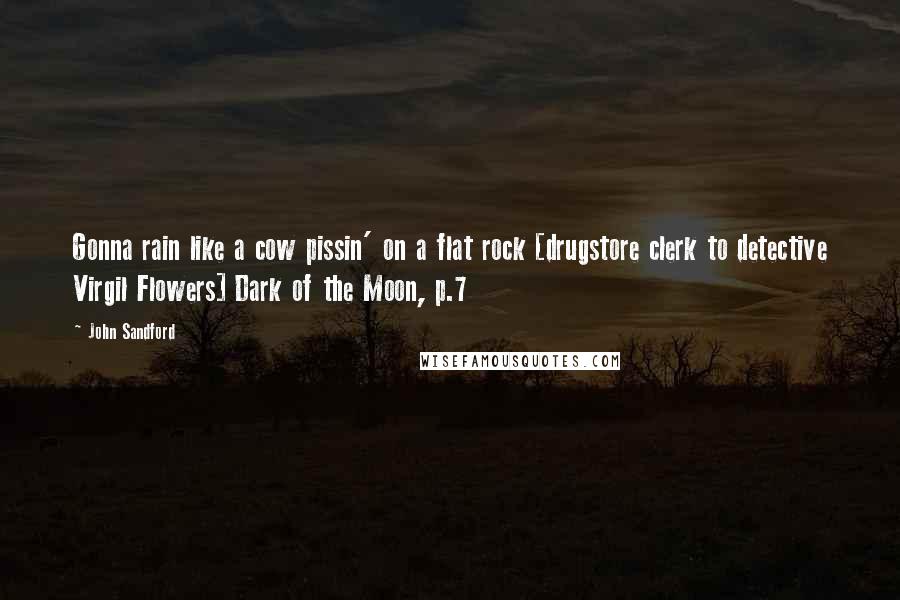 John Sandford Quotes: Gonna rain like a cow pissin' on a flat rock [drugstore clerk to detective Virgil Flowers] Dark of the Moon, p.7