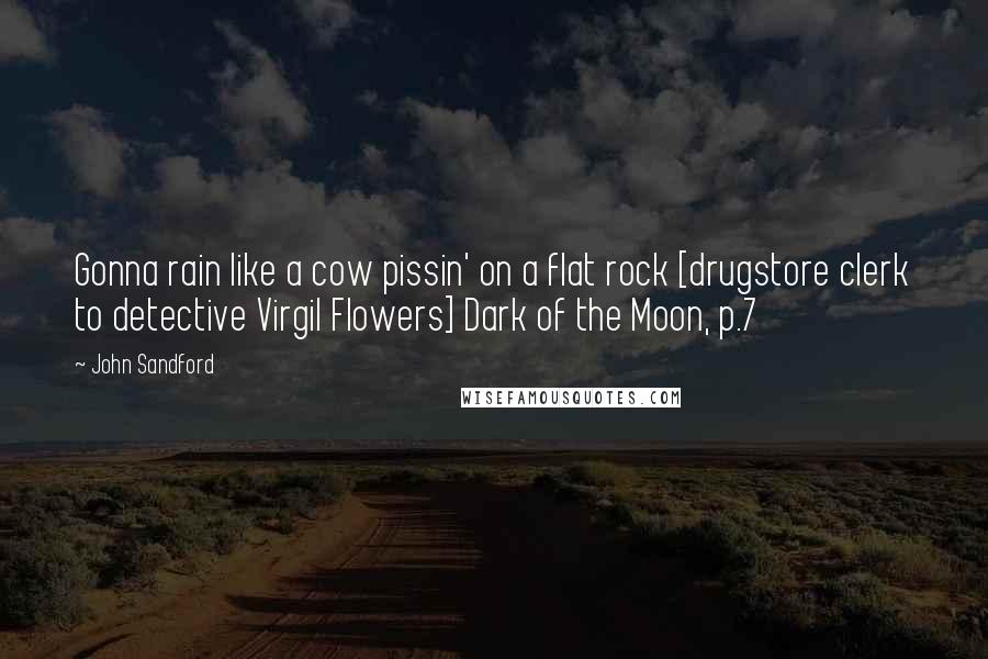 John Sandford Quotes: Gonna rain like a cow pissin' on a flat rock [drugstore clerk to detective Virgil Flowers] Dark of the Moon, p.7