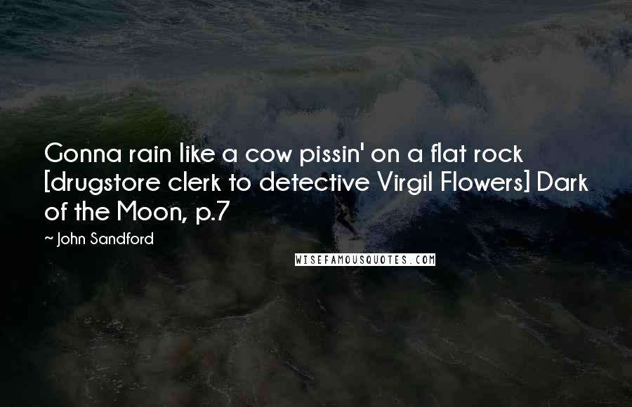 John Sandford Quotes: Gonna rain like a cow pissin' on a flat rock [drugstore clerk to detective Virgil Flowers] Dark of the Moon, p.7