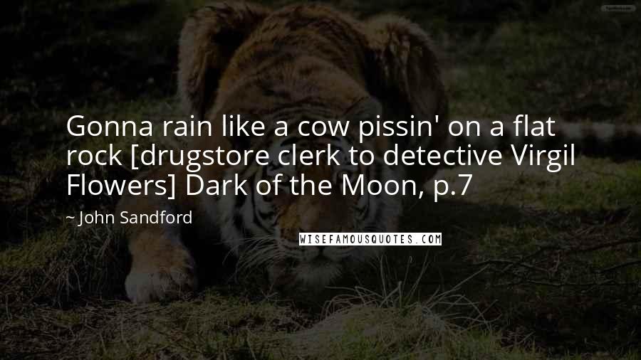 John Sandford Quotes: Gonna rain like a cow pissin' on a flat rock [drugstore clerk to detective Virgil Flowers] Dark of the Moon, p.7