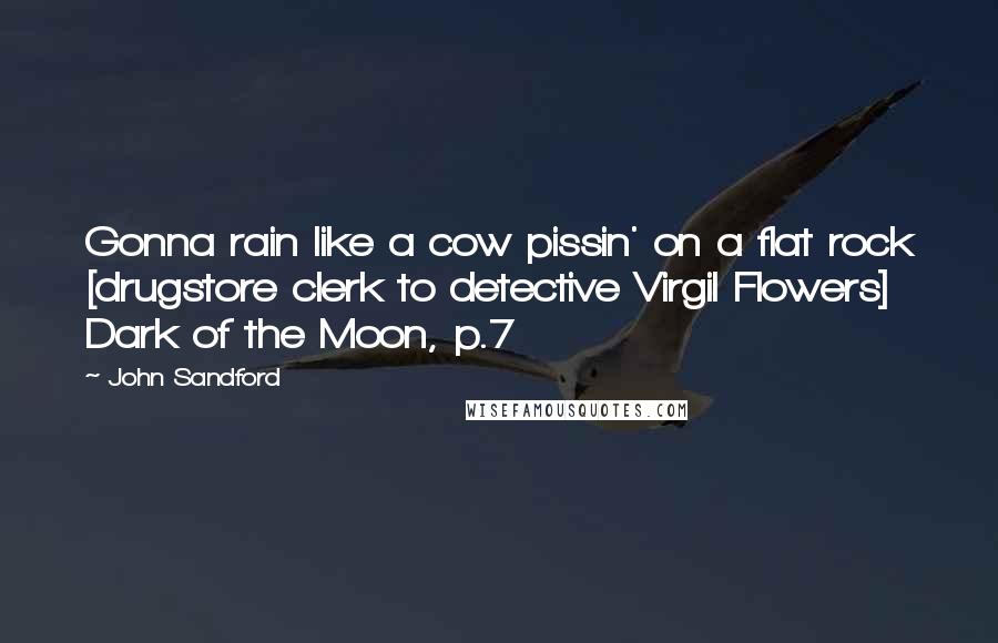 John Sandford Quotes: Gonna rain like a cow pissin' on a flat rock [drugstore clerk to detective Virgil Flowers] Dark of the Moon, p.7