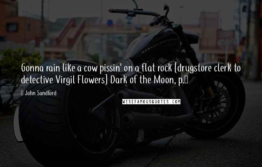 John Sandford Quotes: Gonna rain like a cow pissin' on a flat rock [drugstore clerk to detective Virgil Flowers] Dark of the Moon, p.7