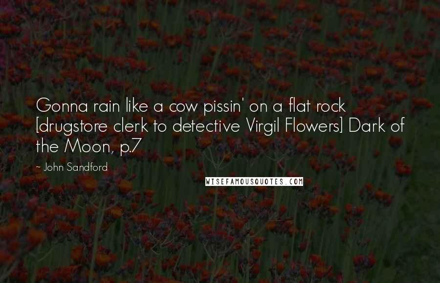 John Sandford Quotes: Gonna rain like a cow pissin' on a flat rock [drugstore clerk to detective Virgil Flowers] Dark of the Moon, p.7