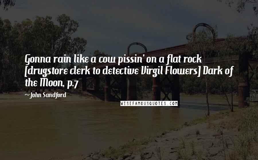 John Sandford Quotes: Gonna rain like a cow pissin' on a flat rock [drugstore clerk to detective Virgil Flowers] Dark of the Moon, p.7