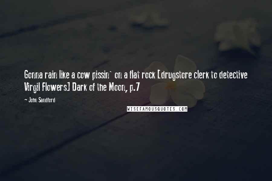 John Sandford Quotes: Gonna rain like a cow pissin' on a flat rock [drugstore clerk to detective Virgil Flowers] Dark of the Moon, p.7