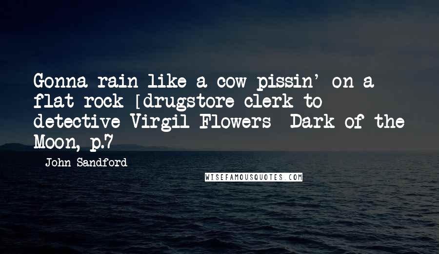 John Sandford Quotes: Gonna rain like a cow pissin' on a flat rock [drugstore clerk to detective Virgil Flowers] Dark of the Moon, p.7