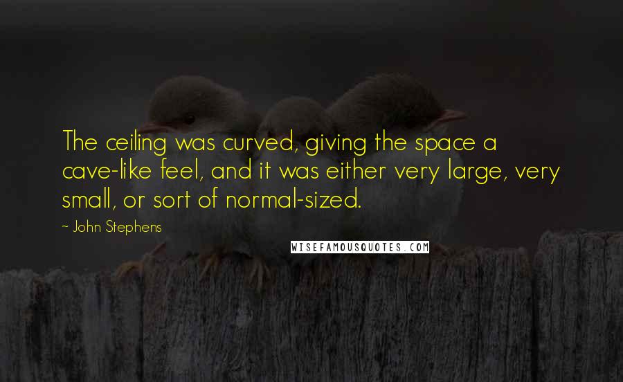 John Stephens Quotes: The ceiling was curved, giving the space a cave-like feel, and it was either very large, very small, or sort of normal-sized.