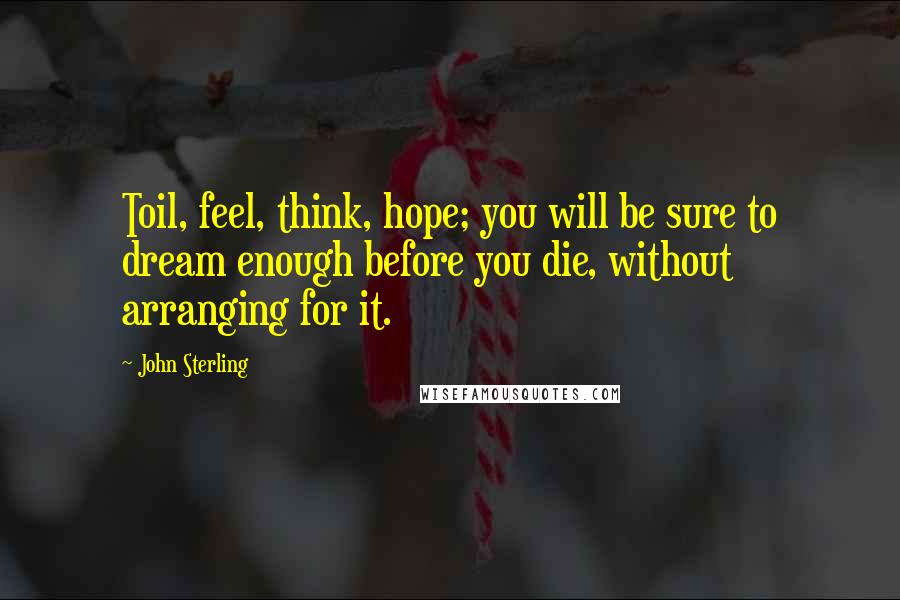 John Sterling Quotes: Toil, feel, think, hope; you will be sure to dream enough before you die, without arranging for it.