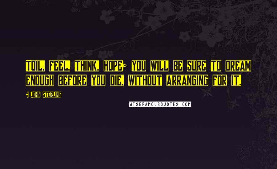 John Sterling Quotes: Toil, feel, think, hope; you will be sure to dream enough before you die, without arranging for it.