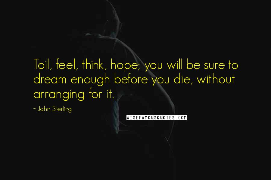 John Sterling Quotes: Toil, feel, think, hope; you will be sure to dream enough before you die, without arranging for it.