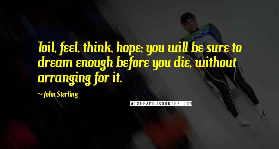 John Sterling Quotes: Toil, feel, think, hope; you will be sure to dream enough before you die, without arranging for it.