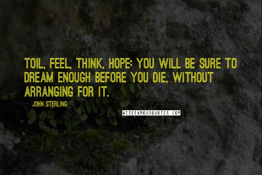 John Sterling Quotes: Toil, feel, think, hope; you will be sure to dream enough before you die, without arranging for it.