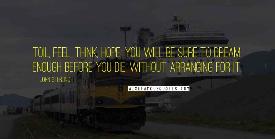 John Sterling Quotes: Toil, feel, think, hope; you will be sure to dream enough before you die, without arranging for it.